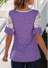 Light Purple tops,Contrast Color tops,ROTITA Lace Patchwork Round Neck Short Sleeve T Shirt