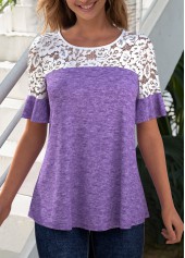ROTITA Lace Patchwork Round Neck Short Sleeve T Shirt