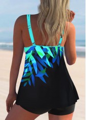 Black swimwear,Plants swimwear,Double Straps Leaf Print Tankini Set 