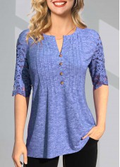 ROTITA Split Neck Lace Stitching Crinkle Chest T Shirt