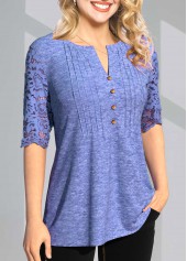 Blue tops,Plain Color tops,ROTITA Split Neck Lace Stitching Crinkle Chest T Shirt