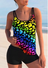 ROTITA Rainbow Color Leopard Double Straps Tankini Set 