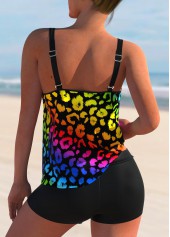 Multi Color swimwear,Leopard swimwear,ROTITA Rainbow Color Leopard Double Straps Tankini Set 