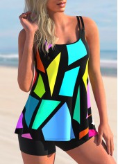 Multi Color swimwear,Rainbow Color swimwear,Geometric swimwear,ROTITA Double Straps Geometric Print Tankini Set