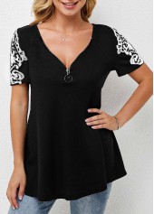 Black tops,Contrast Color tops,Lace Patchwork Short Sleeve Zipper T Shirt