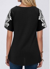 Black tops,Contrast Color tops,Lace Patchwork Short Sleeve Zipper T Shirt