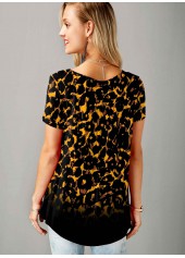 Multi Color tops,Leopard tops,ROTITA Split Neck Short Sleeve Leopard Blouse