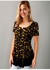 Multi Color tops,Leopard tops,ROTITA Split Neck Short Sleeve Leopard Blouse