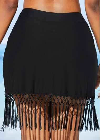 Black swimwear,Plain Color swimwear,ROTITA Solid High Waisted Tassel Swim Skirt