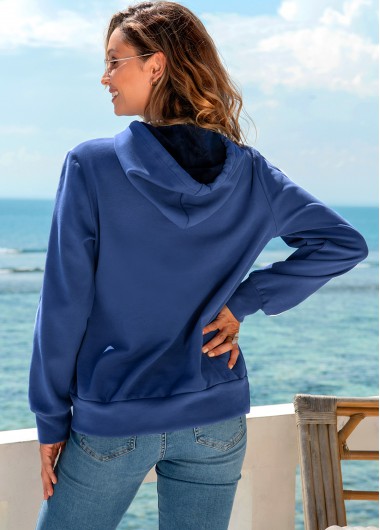 Cyan tops,Plain Color tops,ROTITA Drawstring Detail Kangaroo Pocket Long Sleeve Hoodie