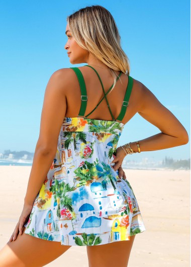 Green swimwear,Floral swimwear,ROTITA Center Shirred Printed Cross Strap Swimdress and Panty