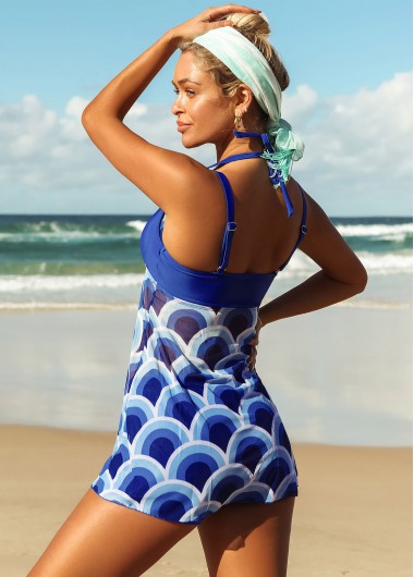 Blue swimwear,Geometric swimwear,ROTITA Halter Geometric Print Tie Back Tankini Set