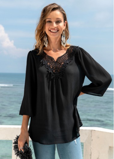 Black tops,Plain Color tops,ROTITA 3/4 Sleeve Lace Stitching Split Neck Blouse