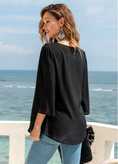 Black tops,Plain Color tops,ROTITA 3/4 Sleeve Lace Stitching Split Neck Blouse
