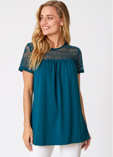 Green tops,Plain Color tops,ROTITA Lace Patchwork Solid Short Sleeve T Shirt