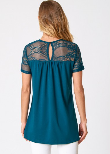 Green tops,Plain Color tops,ROTITA Lace Patchwork Solid Short Sleeve T Shirt