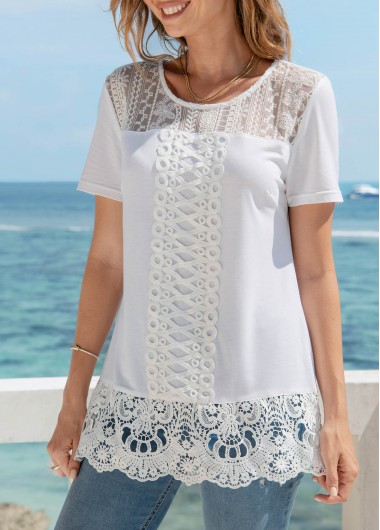 White tops,Plain Color tops,ROTITA Round Neck Lace Stitching Short Sleeve T Shirt