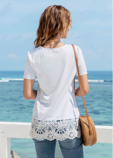 White tops,Plain Color tops,ROTITA Round Neck Lace Stitching Short Sleeve T Shirt