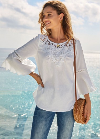 White tops,Plain Color tops,ROTITA Lace Stitching Solid Flare Sleeve T Shirt