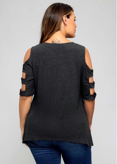 Light Grey Marl plus size,Plain Color plus size,ROTITA Plus Size Solid Ladder Cutout T Shirt