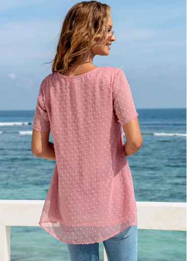 Pink tops,Plain Color tops,ROTITA Solid Square Collar Short Sleeve Blouse