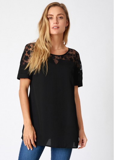 Black tops,Plain Color tops,ROTITA Lace Stitching Solid Short Sleeve T Shirt