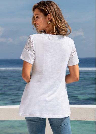 White tops,Plain Color tops,ROTITA Tie Front Lace Stitching Short Sleeve T Shirt