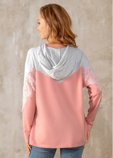 Multi Color tops,Contrast Color tops,ROTITA Lace Stitching Contrast Drawstring Detail Hoodie