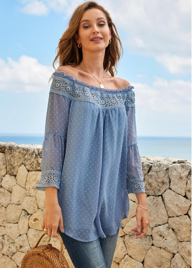 Blue tops,Paisley tops,ROTITA Stringy Selvedge Lace Stitching Off Shoulder Blouse