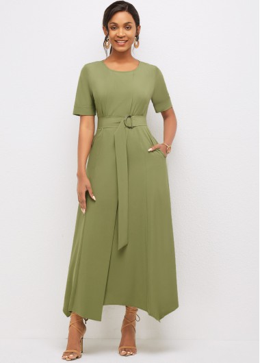 Olive Green dresses,Plain Color dresses,Party dresses,Elegant dresses,ROTITA Asymmetric Hem Round Neck Solid Dress