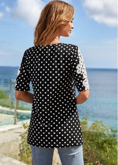 Multi Color tops,Dot tops,ROTITA Polka Dot Lace Stitching Short Sleeve T Shirt