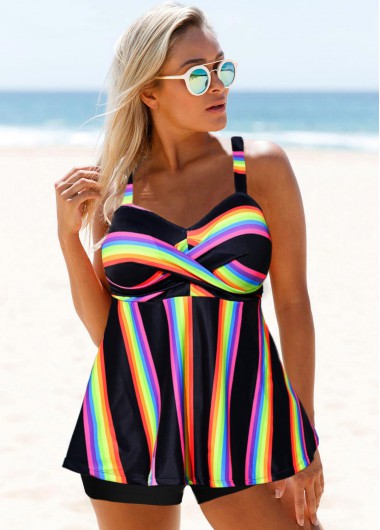 Multi Color swimwear,Striped swimwear,ROTITA Wide Strap Rainbow Stripe Cross Front Tankini Set