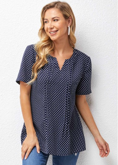 Navy tops,Dot tops,ROTITA Split Neck Short Sleeve Polka Dot Blouse