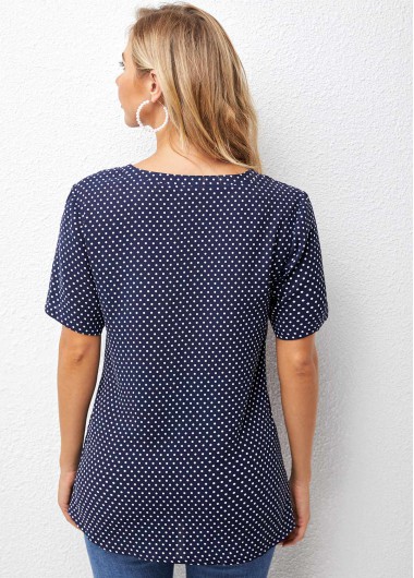 Navy tops,Dot tops,ROTITA Split Neck Short Sleeve Polka Dot Blouse