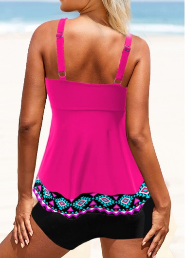 Hot Pink swimwear,Geometric swimwear,ROTITA Bowknot Tribal Print Wide Strap Tankini Set