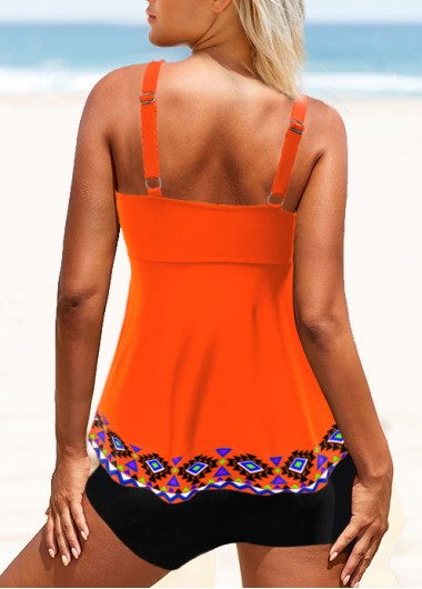 Orange swimwear,Tribal swimwear,ROTITA Bowknot Tribal Print Wide Strap Tankini Set 