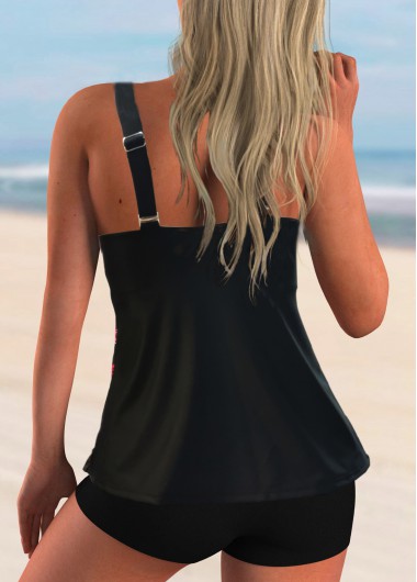 Hot Pink swimwear,Floral swimwear,ROTITA Floral Print Wide Strap Mid Waist Tankini Set 