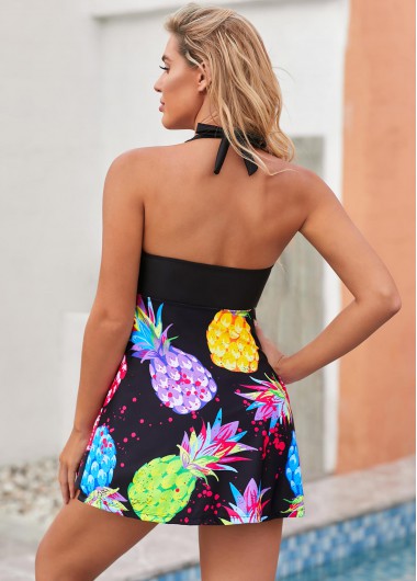 Multi Color swimwear,Floral swimwear,ROTITA Halter Pineapple Print Lace Up Swimdress and Panty