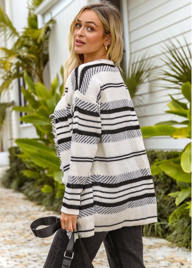 Multi Color tops,Striped tops,ROTITA Long Sleeve Tassel Open Front Striped Cardigan