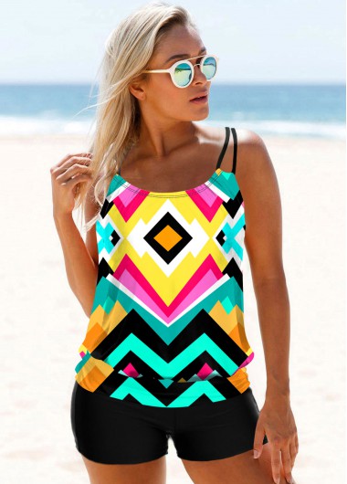 Multi Color swimwear,Geometric swimwear,ROTITA Multi Color Geometric Print Wide Strap Tankini Set