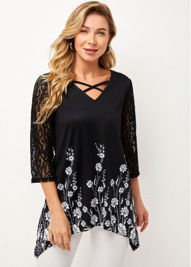 Black tops,Floral tops,ROTITA Black Lace Stitching Asymmetric Hem T Shirt