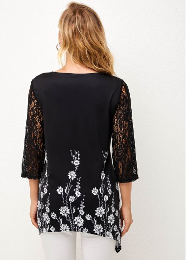 Black tops,Floral tops,ROTITA Black Lace Stitching Asymmetric Hem T Shirt