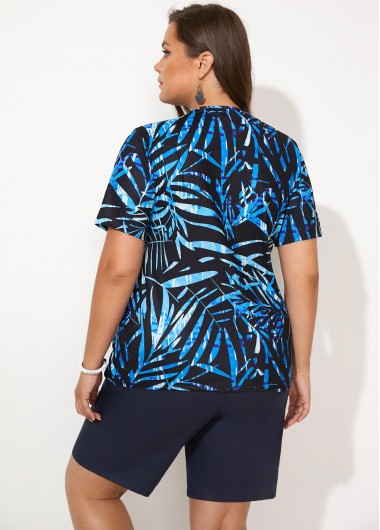Plants plus size,Leaf Print Plus Size Short Sleeve Tankini Set