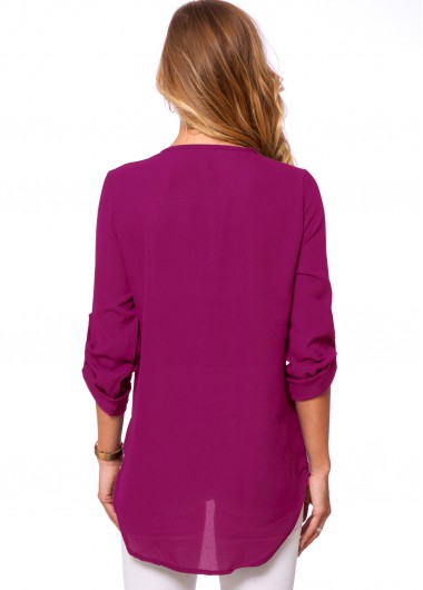 Purple tops,Plain Color tops,ROTITA Button Detail Quarter Zip Solid T Shirt