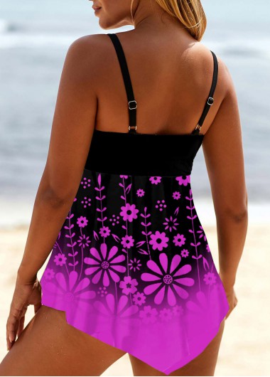 Purple swimwear,Floral swimwear,ROTITA Floral Print Ombre Asymmetric Hem Swimdress and Panty