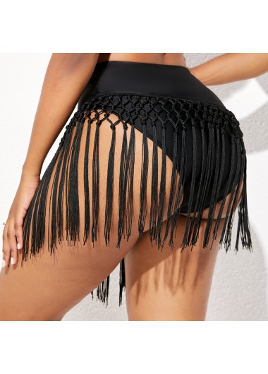 Black swimwear,Plain Color swimwear,ROTITA Mid Waist Tassel Detail Solid Bikini Bottom