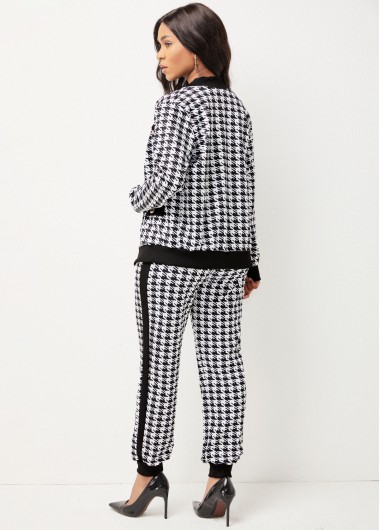 Black jumpsuits & rompers,Houndstooth jumpsuits & rompers,Houndstooth Print Long Sleeve Black Sweatsuit Set