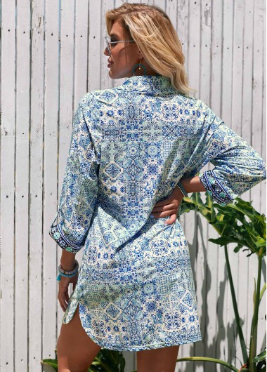 Blue swimwear,Tribal swimwear,Turndown Collar Printed 3/4 Sleeve Cover Up