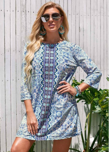 Blue swimwear,Tribal swimwear,Round Neck Printed 3/4 Sleeve Cover Up