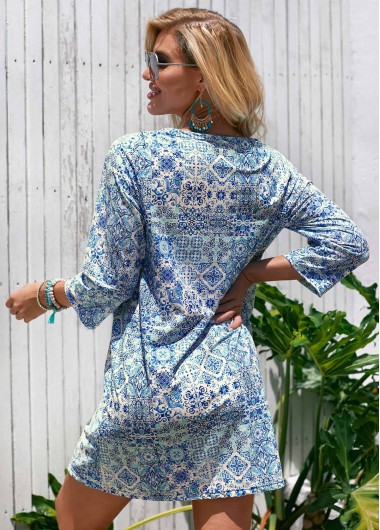 Blue swimwear,Tribal swimwear,Round Neck Printed 3/4 Sleeve Cover Up
